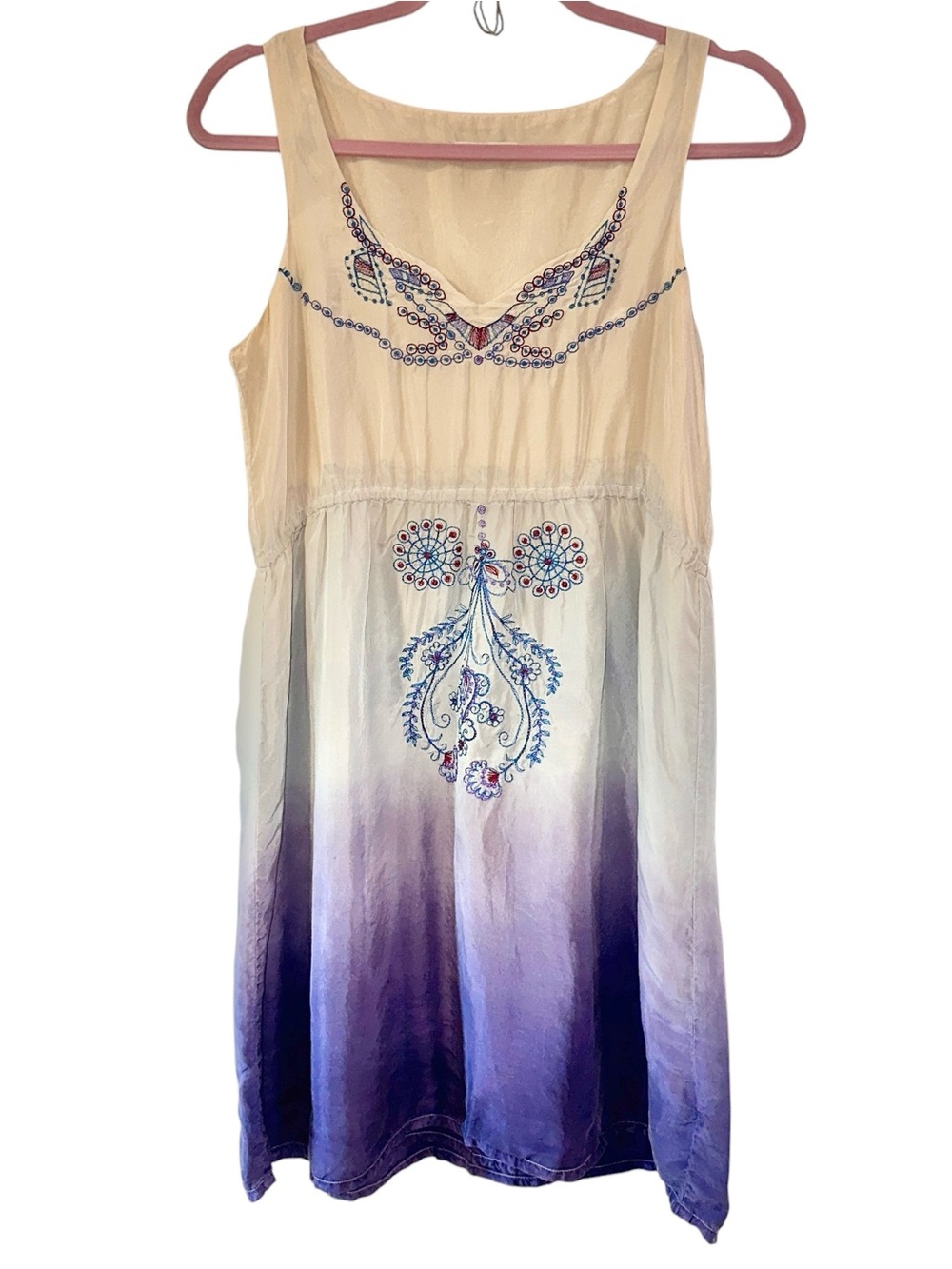 Johnny Was 100% Silk Embroidered Dress in Cream and Purple Ombré Size Small